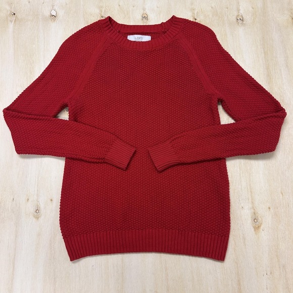 LOFT Sweaters - LOFT Sweater Womens Small Red Crew Neck Waffle-Knit Raglan Sleeve Pullover